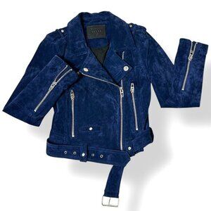 Blank NYC Royal Blue Navy Suede Moto Jacket Silver Tone Hardware Belted Sz XS